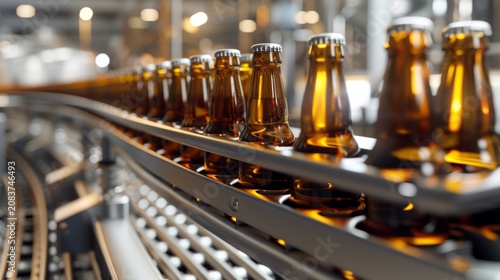 Beer bottles on the conveyor belt, alcohol, beer, drink, beverage, bottles, cold, glass, brewery, water, Factory, liquor, pub, industry
