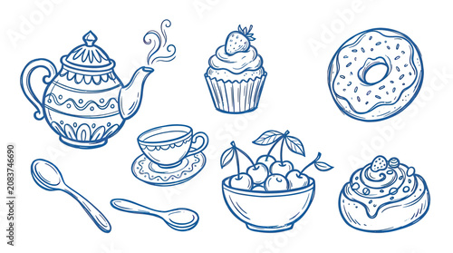 Obraz na płótnie Hand-drawn Sketch of Tea Time Treats: Teapot, Cup, Donut, Cupcake, Cherries, Spo