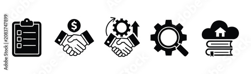 Cuadro en lienzo Business workflow and management icon set featuring checklist, partnership, qual