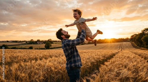 Father Lifting His Toddler Son High In A Golden Wheat Field At Sunset
