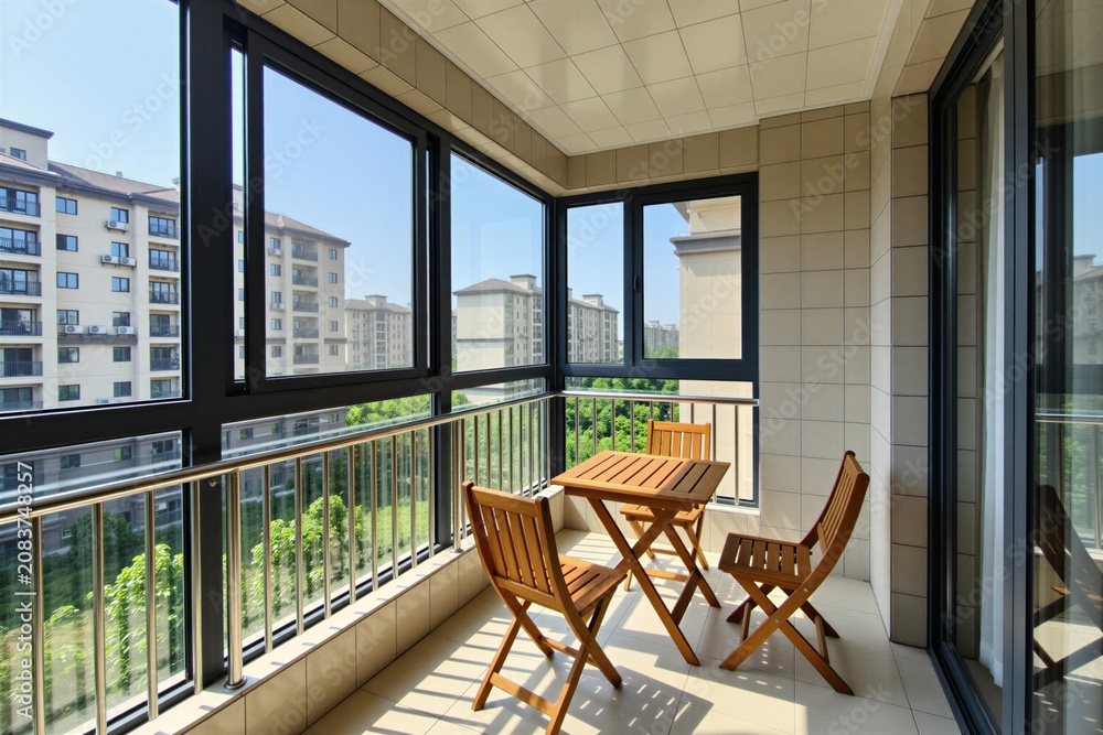 Fototapeta premium Enclosed balcony with wooden furniture offers city views. This compact space features large windows, tiled walls and floor. Enjoy natural light and an urban outlook.