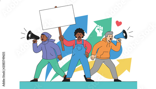 Group of diverse activists protesting for social justice with megaphones and a blank placard against a colorful abstract background.