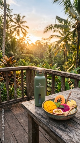 Healthy breakfast with tropical fruits and water bottle on a wooden terrace at sunrise