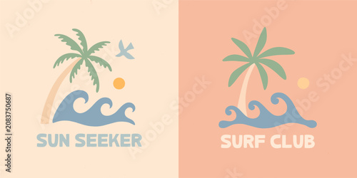 Photography Coastal summer prints with palm trees,ocean waves,sun and bird