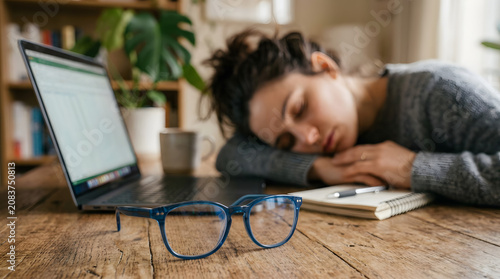 Tired young woman sleeping on desk in front of laptop while working late at home