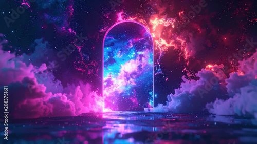 A glowing archway reveals a cosmic nebula, framed by ethereal clouds and a dark landscape