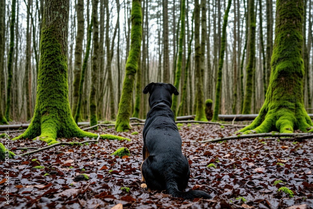 Fototapeta premium Black dog with tan markings sits on damp ground looking into a mossy forest. Fallen leaves cover the floor creating an autumn or spring scene. Animal waits patiently.