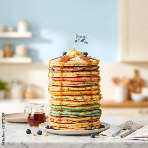 Deliciously tall stack of rainbow pancakes, generously topped with golden syrup and juicy blueberries, perfect for a playful morning meal