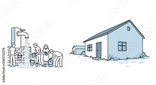 People collecting water from a communal tap and a simple house.