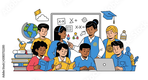 Diverse group of students and teacher in a classroom setting learning together.