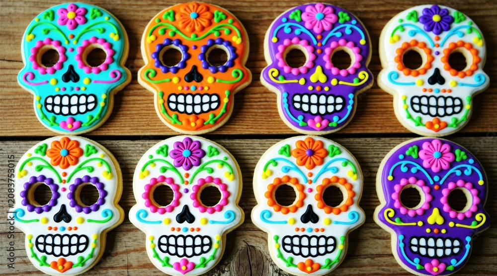 Fototapeta premium Colorful sugar cookies shaped like skulls for Day of Dead. These festive treats are decorated with bright icing patterns, flowers. They are traditional Mexican baked good for remembrance, celebration.