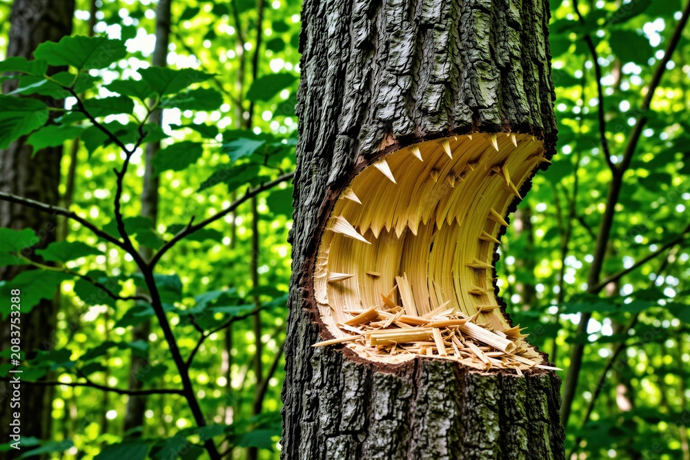 Fototapeta premium Close up of beaver gnawed tree trunk in forest. Sharp teeth marks scar bark revealing wood. Wood chips rubbish forest floor. Animal activity alters woodland habitat.