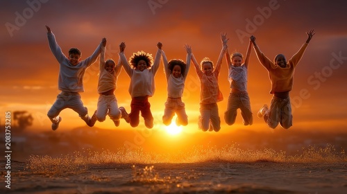 Children jumping and cheering at golden sunset