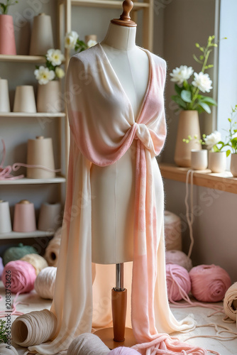 Fashion display of elegant draped garment in soft pastel colors, cozy studio background