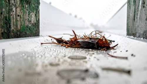 Close-up of Wet Seaweed and Debris on a Pier Surface.