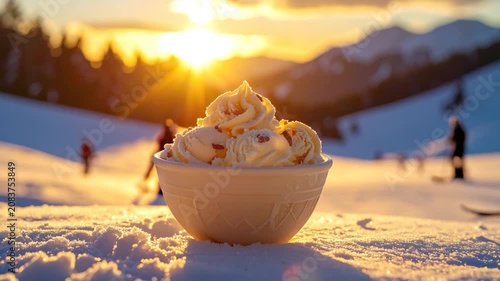 Bowl of ice cream sits in the snow as the sunset lights a winter scene
