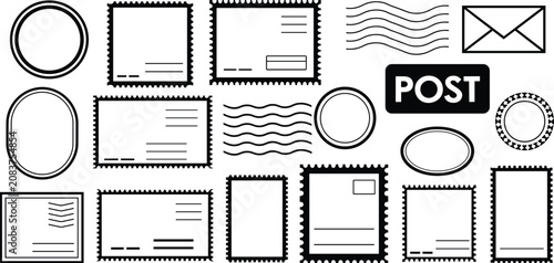 Foto Postal Service Icons: A collection of black and white graphic design elements representing postal services, including stamps, envelopes, postmarks, and the word POST