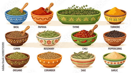 Variety of Herbs and Spices in Decorative Bowls