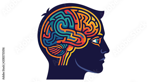 Abstract human head profile with colorful maze brain illustration