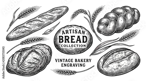 Artisan Bread Collection: Vintage Bakery Engraving - Baguette, Loaf, Braided Bread