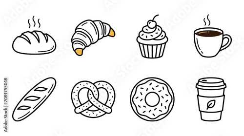 Bakery Icons: Bread, Croissant, Cupcake, Coffee, Pretzel, Donut, Baguette