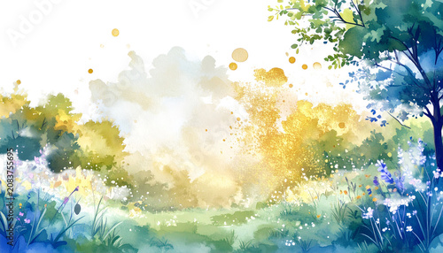 Golden Light Watercolor Garden Art | Serene Summer Landscape Illustration