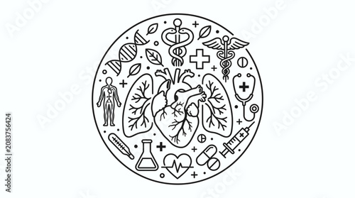 Medical Health Care Iconography Circle: Heart, Lungs, DNA, Stethoscope, Syringe