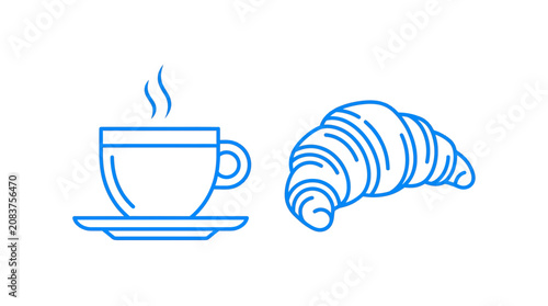 Steaming Coffee Cup and Croissant Icon Set, Blue Outline, White Background