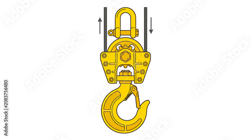 Yellow block and tackle pulley system with hook for lifting heavy loads