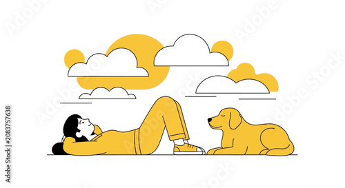 Woman and dog relaxing together outdoors under sunny clouds