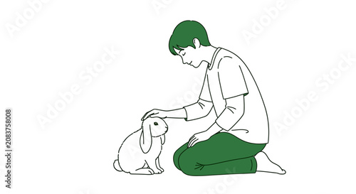 Canvastavla Young person kneeling and gently petting a white rabbit