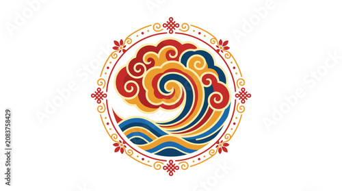 Circular emblem with stylized ocean waves and colorful clouds.