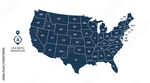 Dark blue modern United States map with navigation icon.