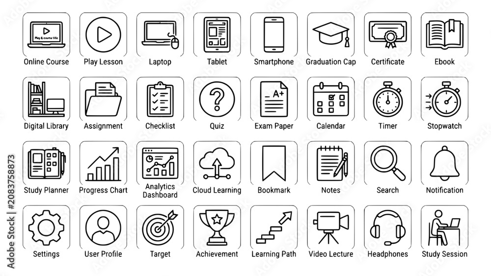 Fototapeta premium Set of e-learning and education outline icons for digital learning with education