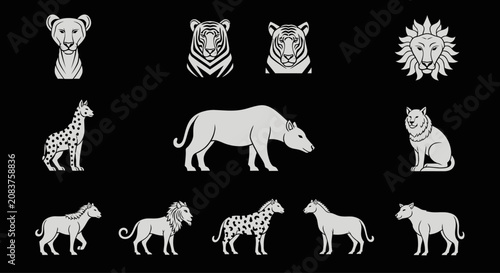 Photography Collection of various wild animals in a minimalist black and white illustration style