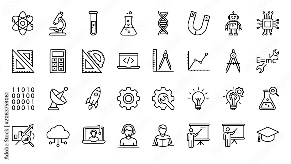 Fototapeta premium Comprehensive scientific and technology linear icon collection with technology