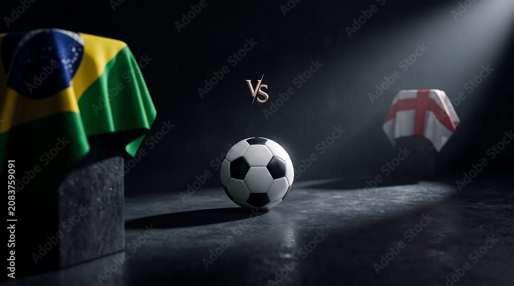Fototapeta premium Brazil vs england soccer ball flags , Football 2026, Final 2026, Football Final, And, World Cup 2026, World Cup, FIFA World Cup 2026, Football final 2026, Football Grand Final, Final Match VS