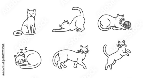 Collection of adorable line art cats in various playful and relaxed poses.