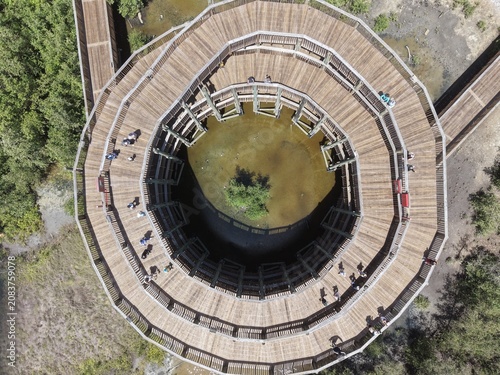 Top Down Aerial View of El Caracol Spiral Wooden Observation Tower Ramp in Cienaga de Mallorquin Ecopark, Barranquilla, Colombia - Eco Tourism Architecture Travel Stock Photography Background
