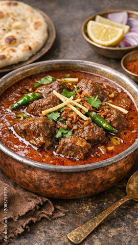 A hearty Indian beef curry served in a metal bowl with freshly ground spices and garnished with cilantro. Traditional, authentic, and nutritious.