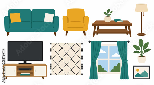 Modern living room furniture and decor flat vector illustration.