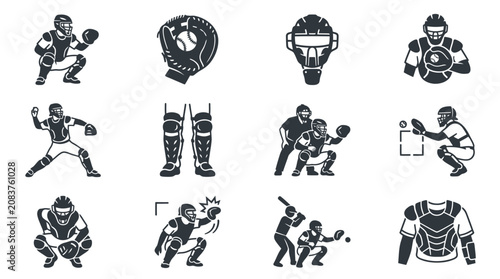 Tableau sur toile Baseball catcher sports equipment icons set.