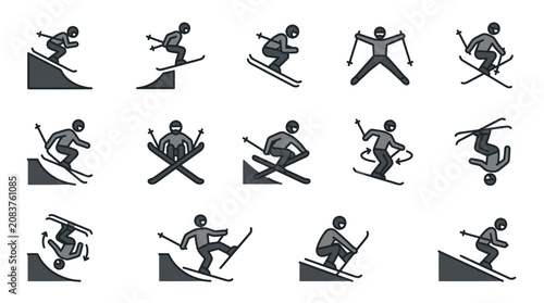 Foto Black silhouettes of snowboarder action poses.
