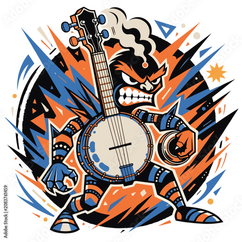 Tablou pe pânză Cartoon Banjo Playing Robot Character Illustration.