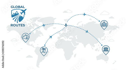 Photos Global routes map with flight paths and location markers.