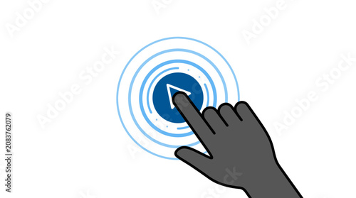 Hand clicking a circular button with ripple effects.