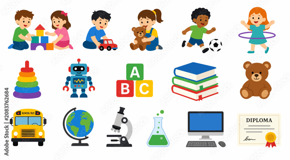 Fototapeta premium Colorful educational icons for children and learning.