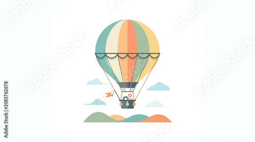 Photos Colorful hot air balloon floating over stylized landscape with clouds