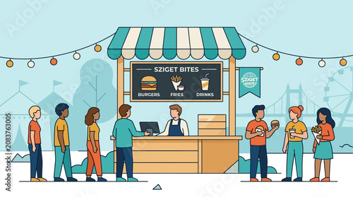 A vibrant flat design illustration depicting a bustling food vendor stall at Sziget Festival, offering stylized snacks and drinks to minimalist festival-goers