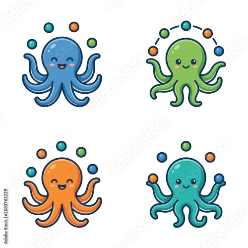 Colorful cartoon octopus sea creatures smiling.